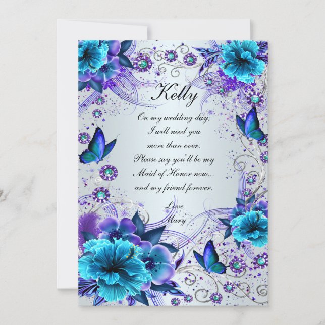 Blue Floral And Butterfly Maid Of Honor Card (Front)