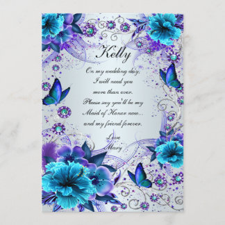 Blue Floral And Butterfly Maid Of Honor Card