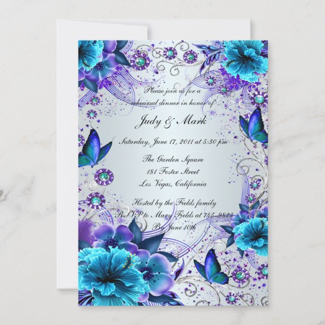 Blue Floral And Butterfly Rehearsal Dinner Invite (Front)