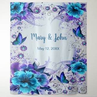Blue Floral And Butterfly Wedding Backdrop