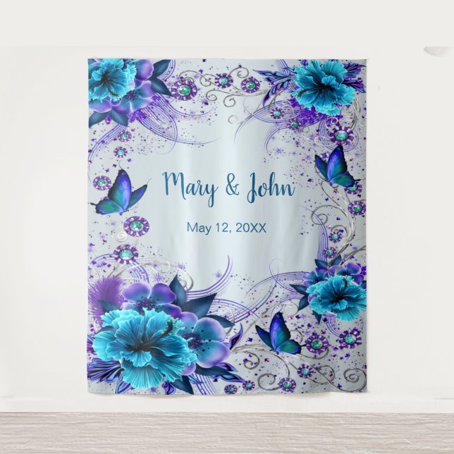 Blue Floral And Butterfly Wedding Backdrop (Front)