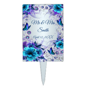 Blue Floral And Butterfly Wedding Cake Topper