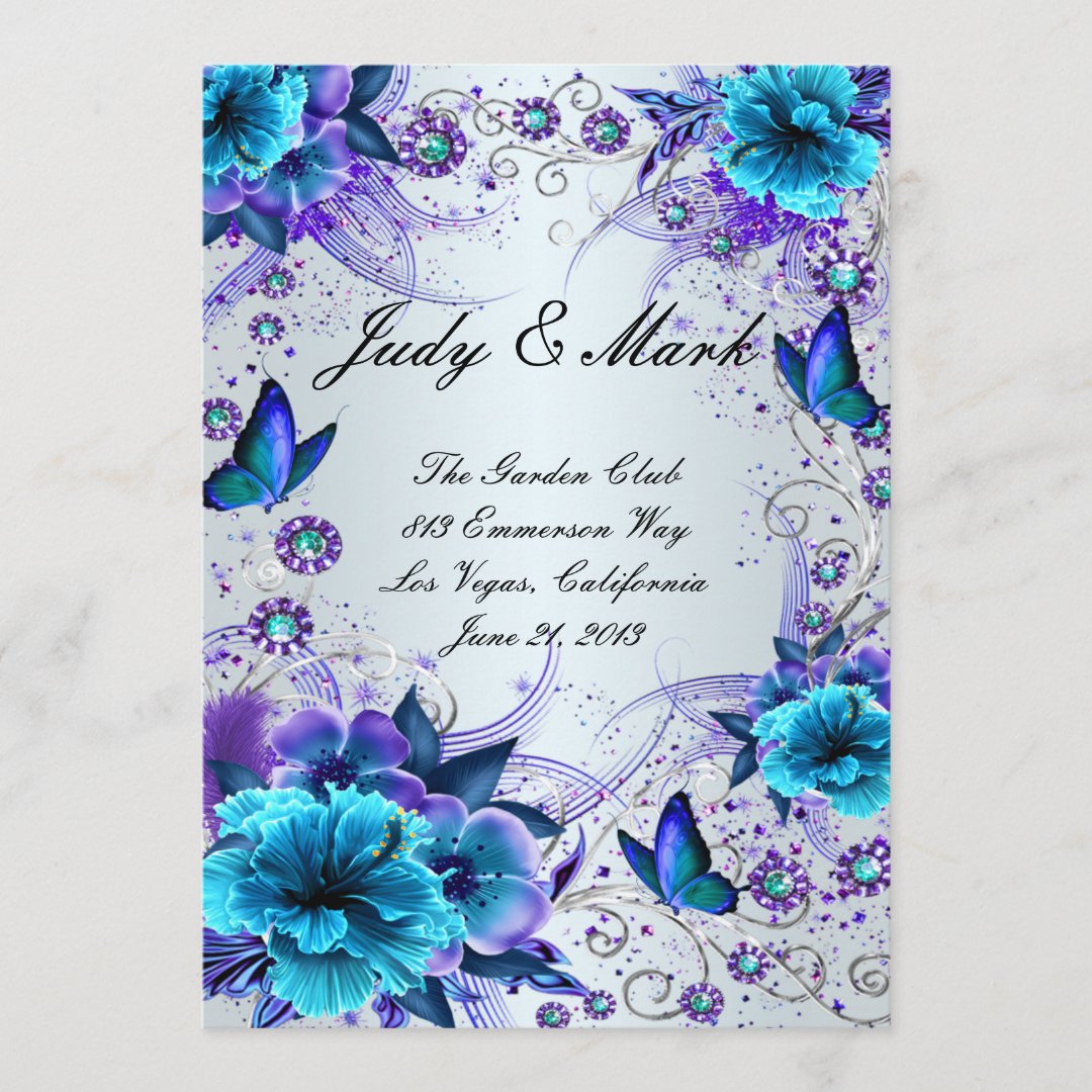 Blue Floral And Butterfly Wedding Menu Card Zazzle