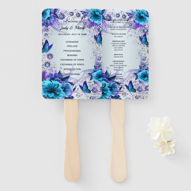 Blue Floral And Butterfly Wedding Program Hand Fan (Front and Back)