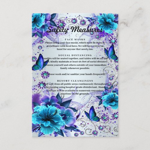 Blue Floral And Butterfly Wedding Safety Measures Enclosure Card