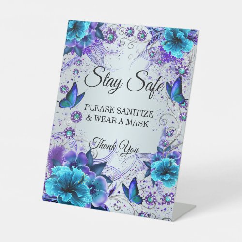 Blue Floral And Butterfly Wedding Safety  Pedestal Sign
