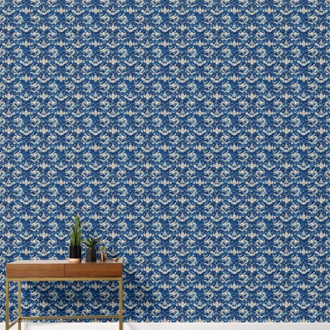 Blue Floral and Chinese Dragons Pattern Wallpaper (Hallway)