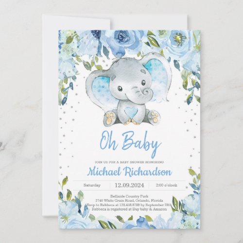 Blue Floral and Cute Elephant Boy Baby Shower Boho
