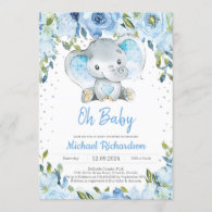 Blue Floral and Cute Elephant Boy Baby Shower Boho Invitation