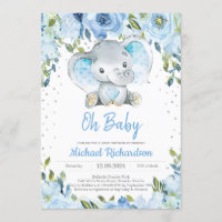 Blue Floral and Cute Elephant Boy Baby Shower Boho Invitation