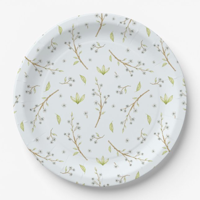 Blue Floral and Greenery boy baby shower  Paper Plates (Front)