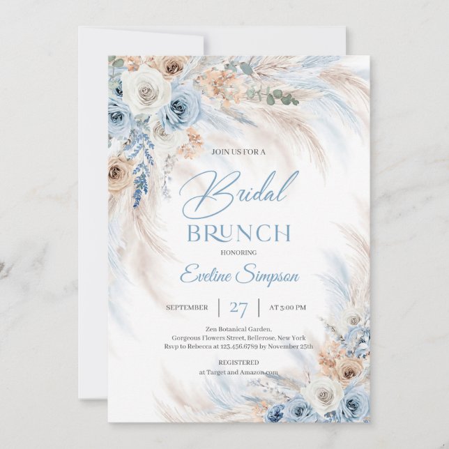 Blue Floral and Ivory Roses Pampas Bridal brunch Invitation (Front)
