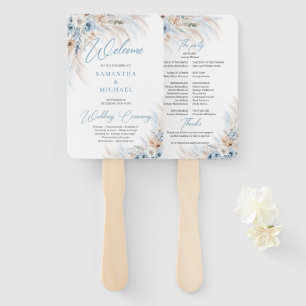 Blue Floral and Ivory Roses Pampas Grass wedding Hand Fan