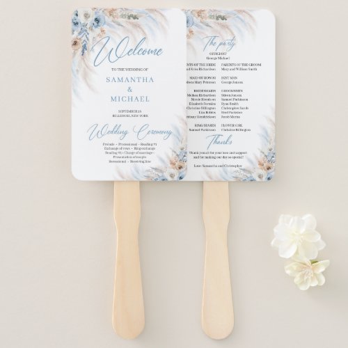 Blue Floral and Ivory Roses Pampas Grass wedding Hand Fan