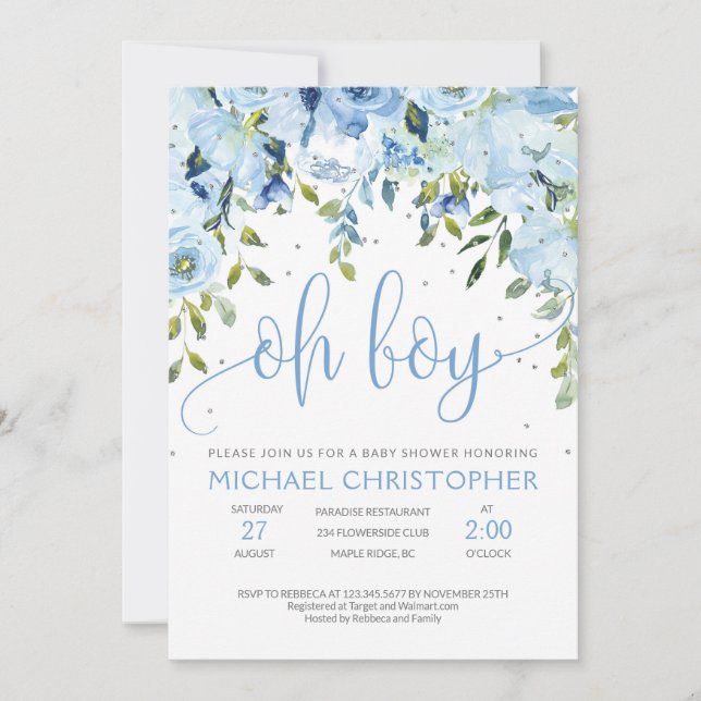 Blue floral and silver Baby Shower Invitation (Front)