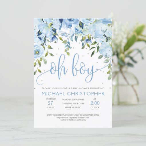 Blue floral and silver Baby Shower Invitation Zazzle