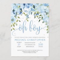 Blue floral and silver Baby Shower Invitation