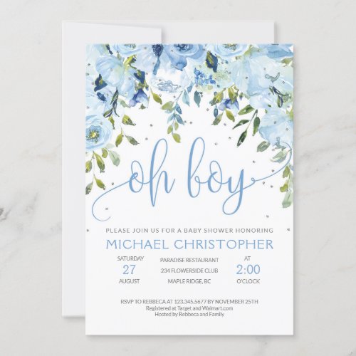 Blue floral and silver Baby Shower Invitation