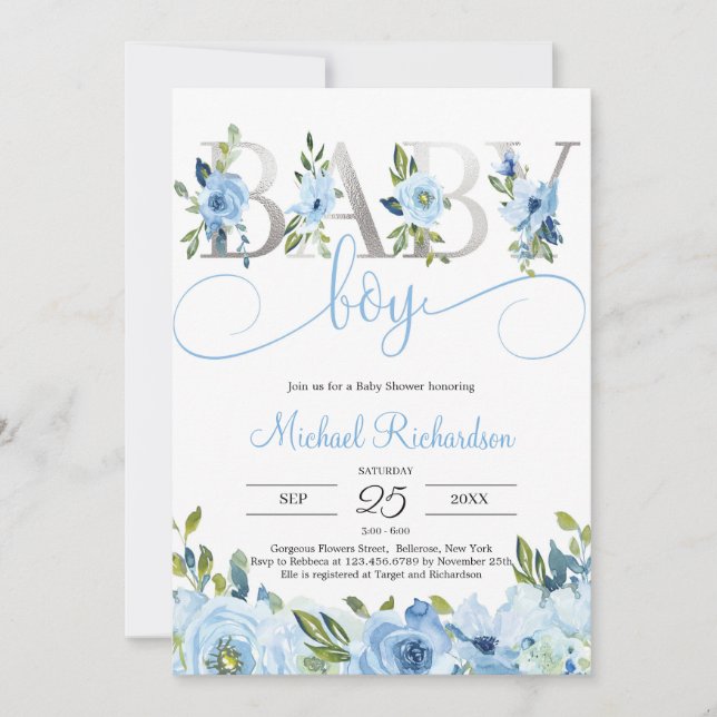 Blue Floral and Silver Foil Boho Invitation (Front)
