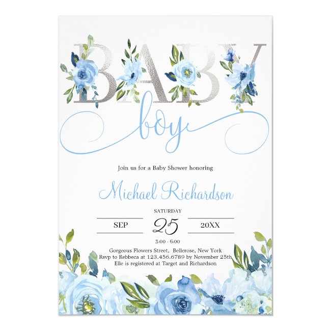 Blue Floral and Silver Foil Boho Invitation