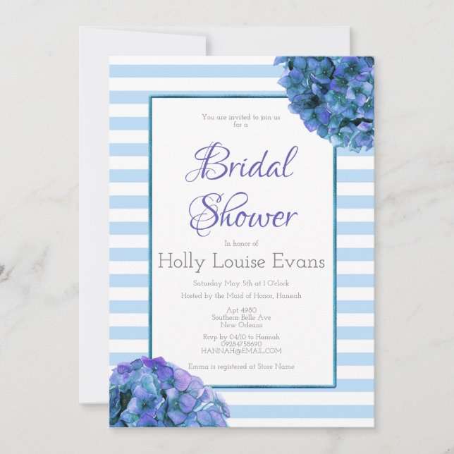 Blue Floral and Stripe Bridal Shower Invitation (Front)