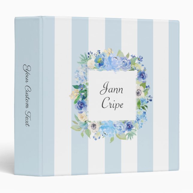 Blue Floral and Stripes with Your Custom Text 3 Ring Binder (Front/Spine)