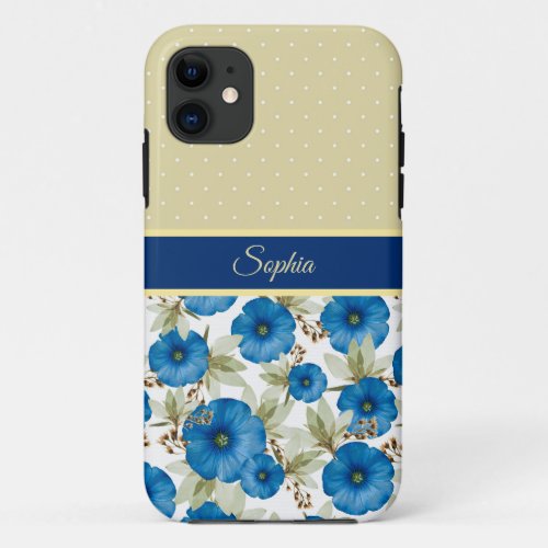 Blue Floral And Yellow Polka Dot _ Personalized iPhone 11 Case