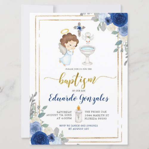 Blue Floral Angel Boy Baptism Christening Invite