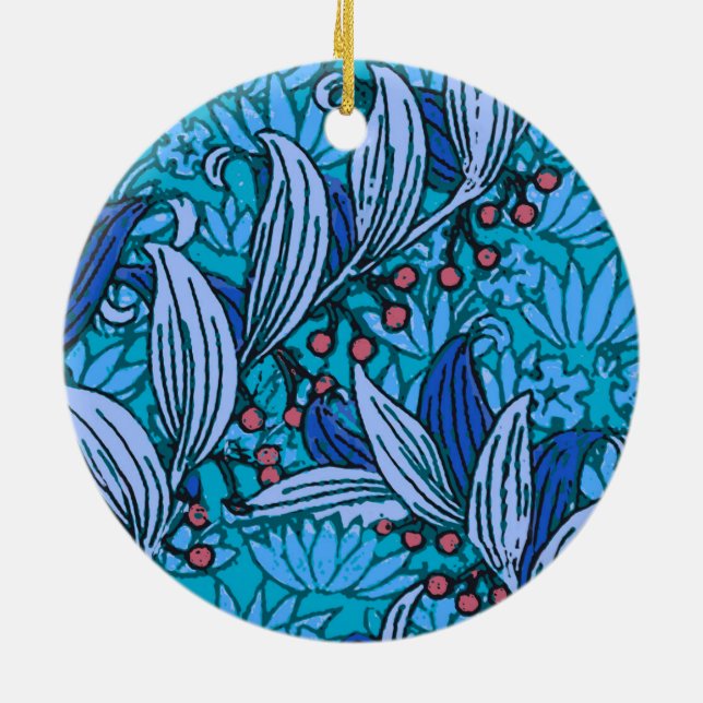 Blue Floral Antique Boho Modern Ceramic Ornament (Back)