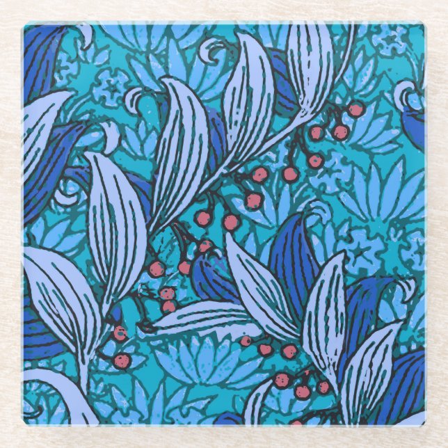 Blue Floral Antique Boho Modern Glass Coaster (Front)
