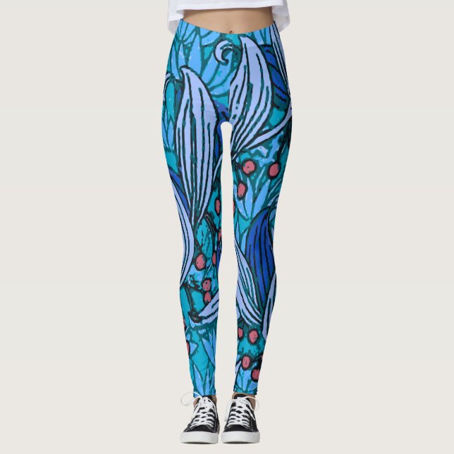 Blue Floral Antique Boho Modern Leggings (Front)