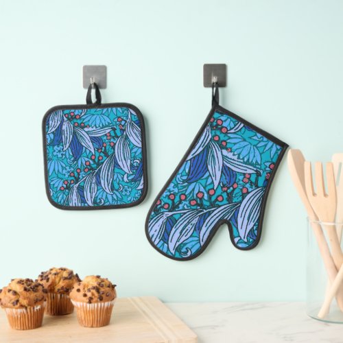 Blue Floral Antique Boho Modern Oven Mitt  Pot Holder Set