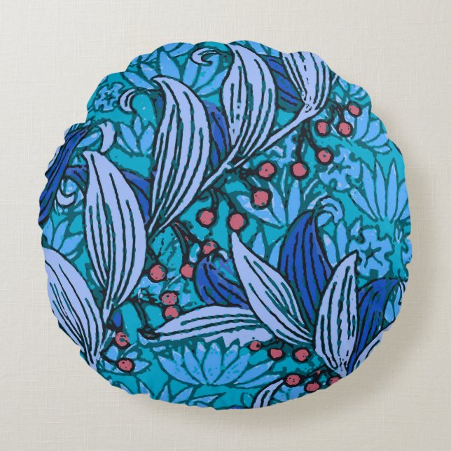 Blue Floral Antique Boho Modern Round Pillow (Front)