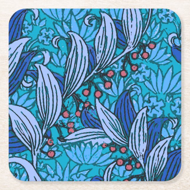 Blue Floral Antique Boho Modern Square Paper Coaster (Front)