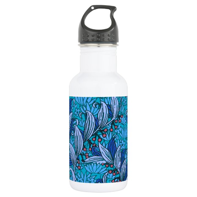 Blue Floral Antique Boho Modern Stainless Steel Water Bottle (Front)
