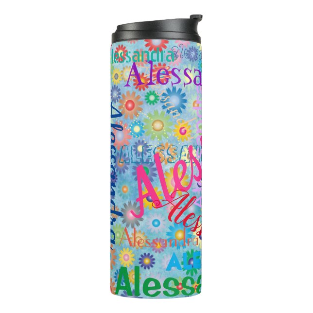 Blue Floral Any Name Collage Cute Girly Thermal Tumbler (Rotated Left)