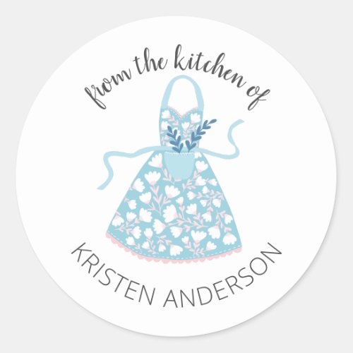 Blue Floral Apron From the Kitchen Classic Round Sticker