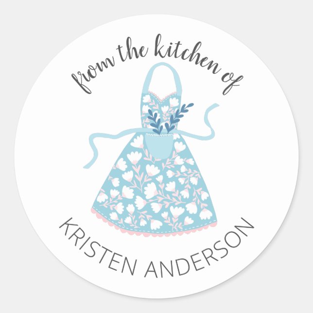 Blue Floral Apron From the Kitchen Classic Round Sticker (Front)