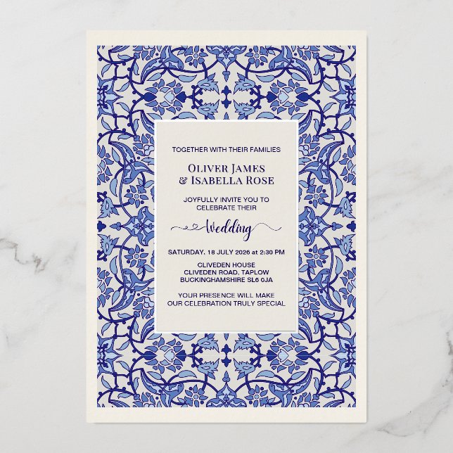 Blue Floral Arabesque Wedding Invitation - Foil (Front)