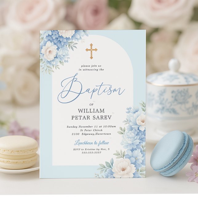 Blue Floral Arch Baptism Invitation with Gold Cros (Blue and gold floral baptism invite styled with tea set and macarons – elegant and soft)