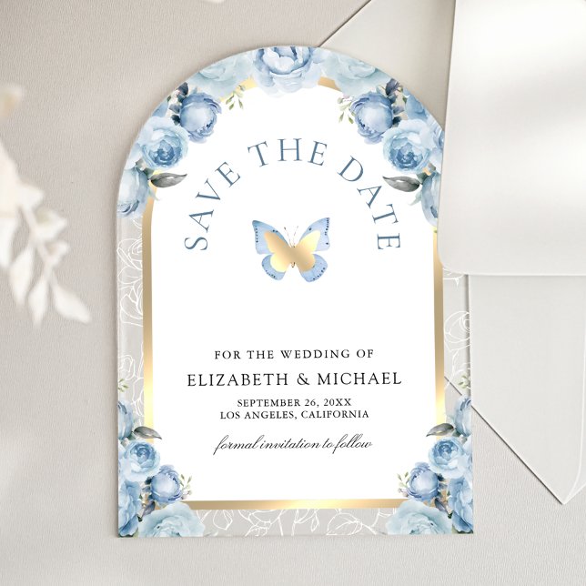 Blue Floral Arch Butterfly Wedding Save the Date (Creator Uploaded)