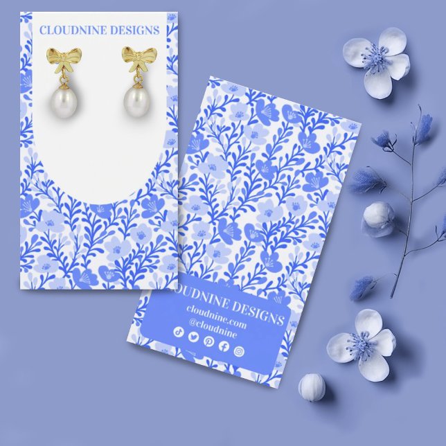 Blue Floral Arch Chic Earring Jewelry Display Card (Floral design earring display card in a soft blue color with custom social media icons)