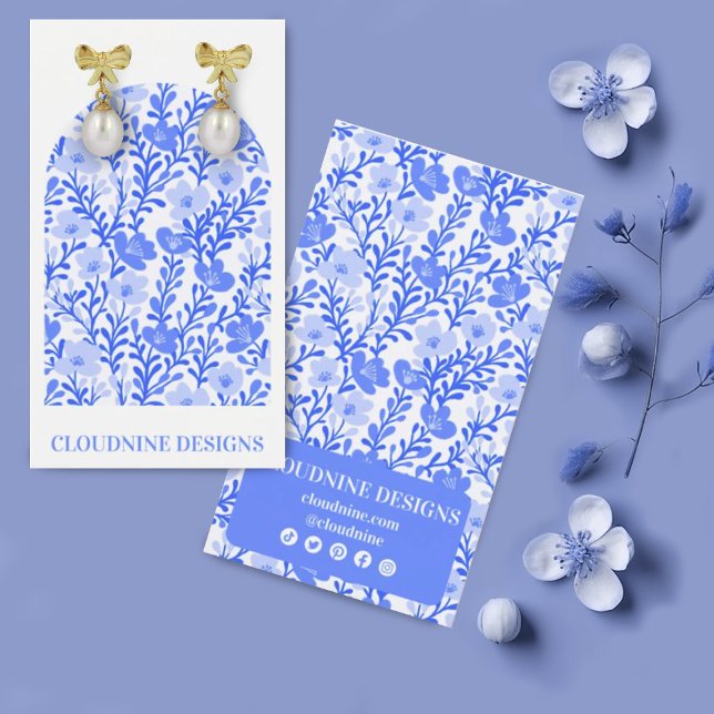 Blue Floral Arch Earring Jewelry Display Card (Floral arch in soft blue colors earring display cards with social media icons)