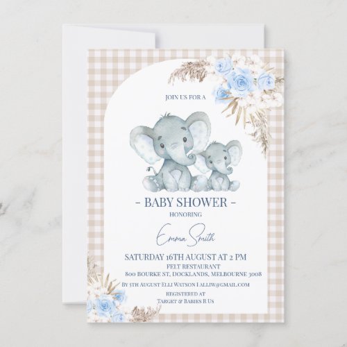 Blue Floral Arch Elephant Baby Shower Invitation