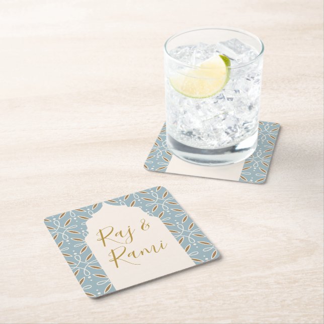 Blue Floral Arch Indian Wedding  Square Paper Coaster (Insitu)