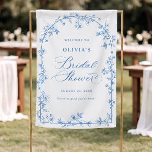 Blue Floral Arch White Bridal Fabric Welcome Sign