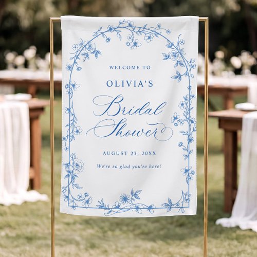 Blue Floral Arch White Bridal Fabric Welcome Sign