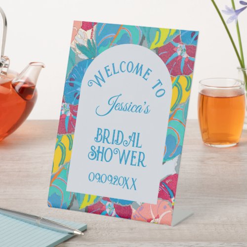 Blue Floral Art Deco Vintage Bridal Shower Table Pedestal Sign