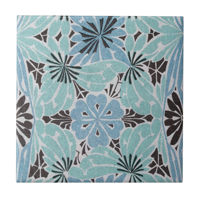blue floral art nouveau design ceramic tile (Front)