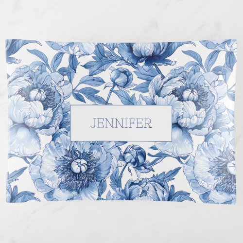 Blue Floral Art Nouveau Flower Name Jewelry Trinket Tray